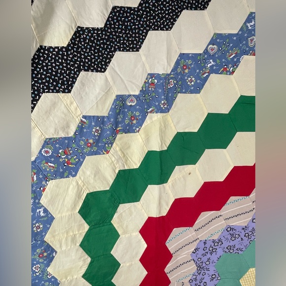 Vintage Antique Hexagon Unfinished Quilt Top Handmade Hand Sewn 72 x 93 - Picture 9 of 13